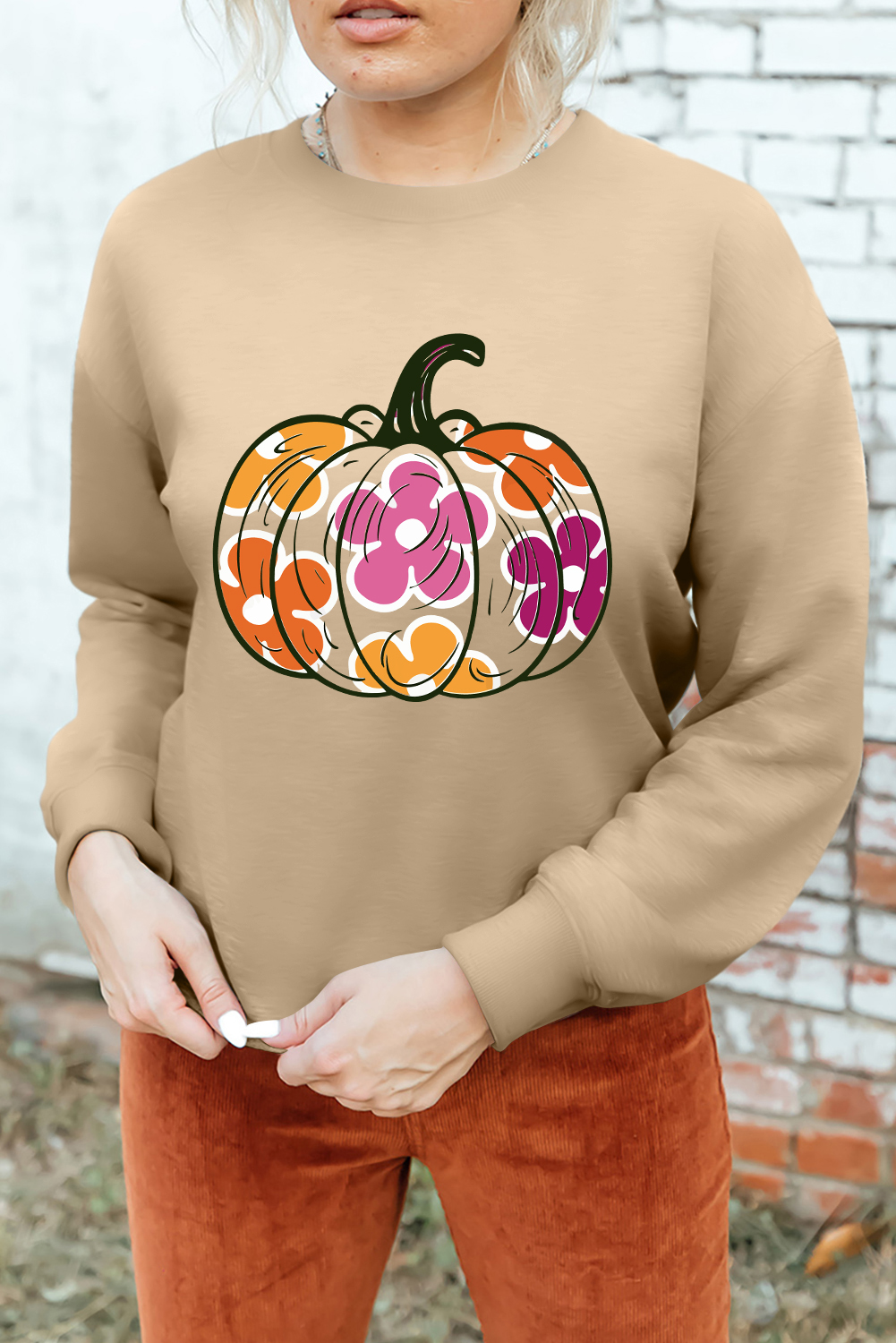 Khaki Halloween Floral Pumpkin Graphic Drop Shoulder Sweatshirt - Image 2