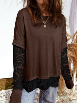 Dark Brown Sheer Lace Patchwork Casual Long Sleeve Tee