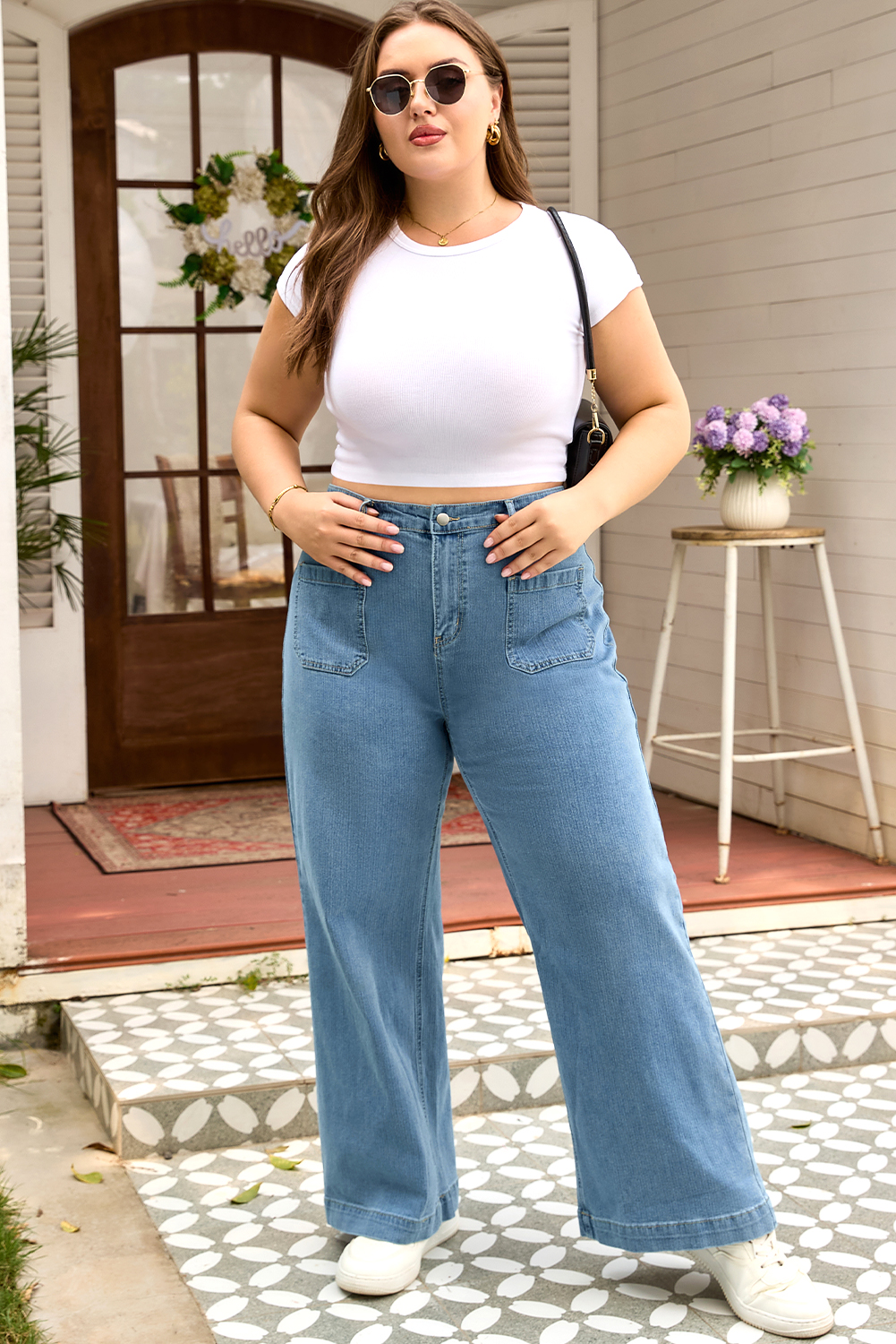 Dusk Blue Patched Pocket Textured Wide Leg Plus Size Jeans - Image 5