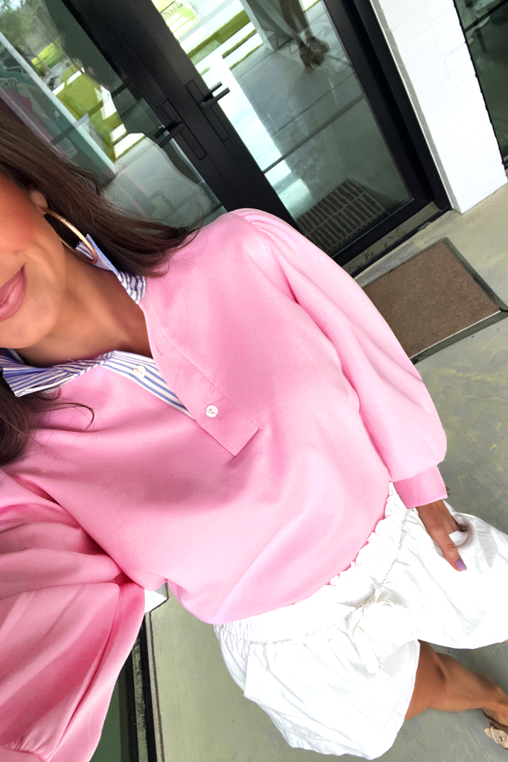 Bonbon Button Striped Collar Patchwork Puff Sleeve Sweatshirt - Image 2