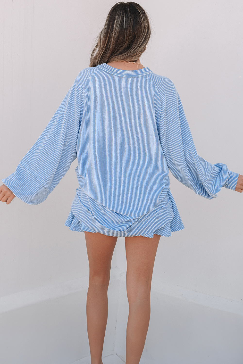 Sky Blue Corded Lantern Sleeve Top High Waist Ruffled Mini Skirt Set - Image 2