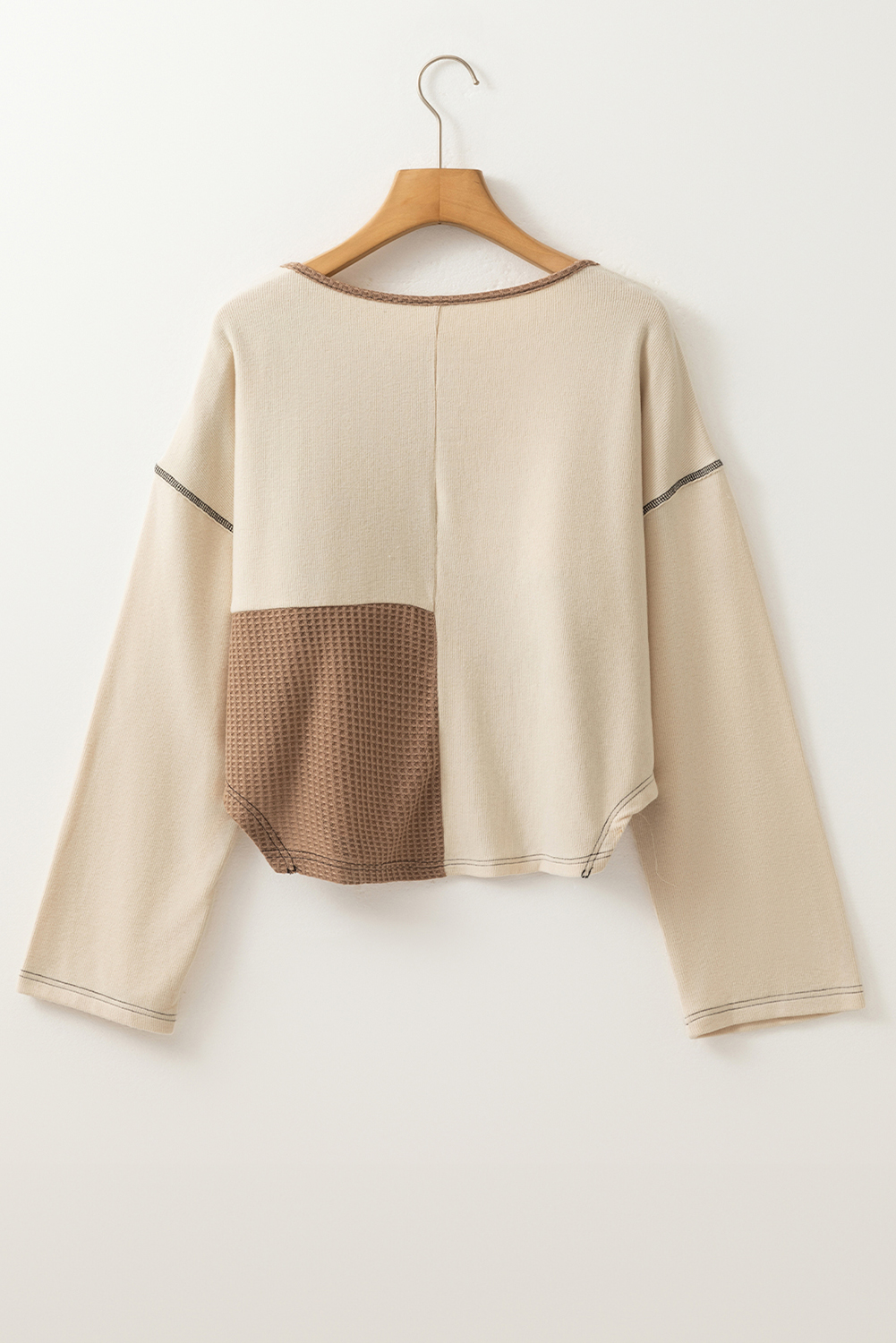 Beige Color Block Waffle Knit Stitch Detail Long Sleeve Top - Image 7