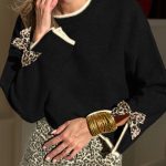 Black Leopard Bow Decor Split Cuff Contrast Trim Sweater