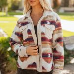 Multicolour Western Aztec Ribbed Patchwork Double Flap Pocket Raw Hem Shacket