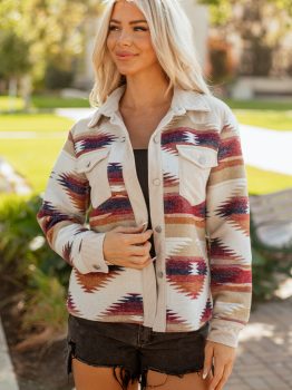 Multicolour Western Aztec Ribbed Patchwork Double Flap Pocket Raw Hem Shacket