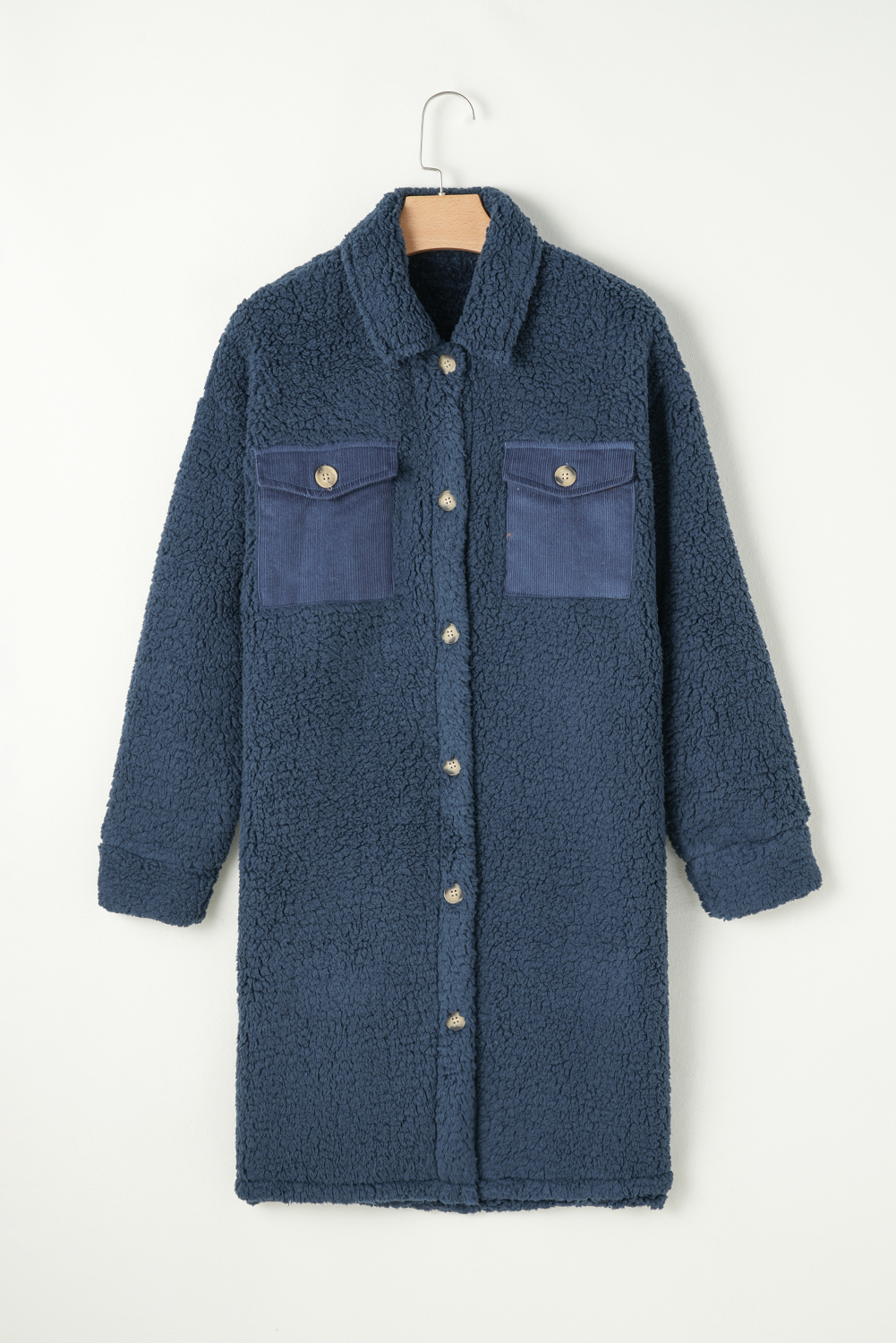 Blue Contrast Flap Pocket Single Breasted Teddy Coat - Image 8
