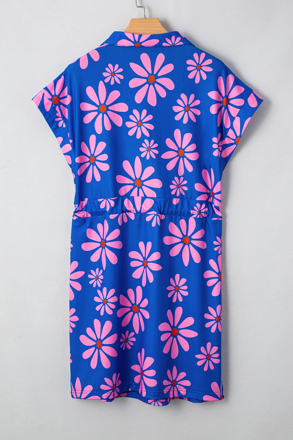 Purple Floral Striped Quarter Zip Cap Sleeve Drawstring Waist Mini Dress - Image 7