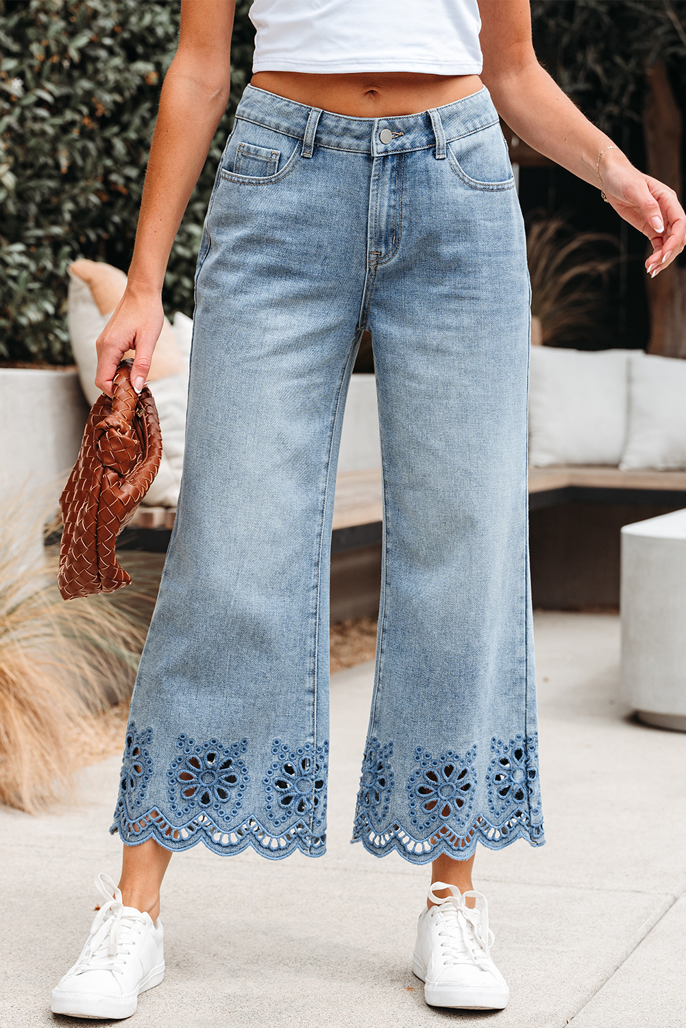 Dusk Blue Embroidered Cropped Wide Leg High Waist Jeans - Image 6