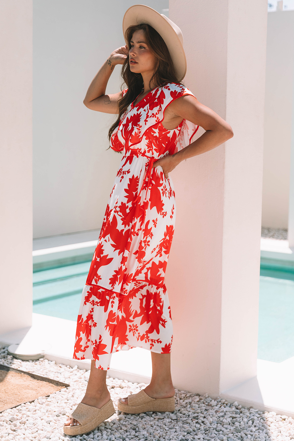 Red Floral Print Trimmed V Neck Ruffle Sleeve Long Dress - Image 3