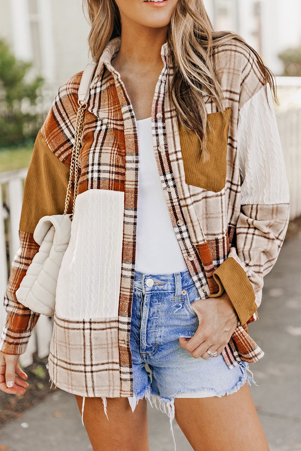 Orange Plaid Color Block Patchwork Shirt Jacket with Pocket - Image 8
