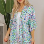 White Boho Floral Printed Rhinestone 3/4 Sleeve Open Front Kimono