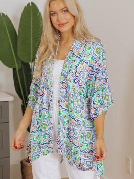 White Boho Floral Printed Rhinestone 3/4 Sleeve Open Front Kimono