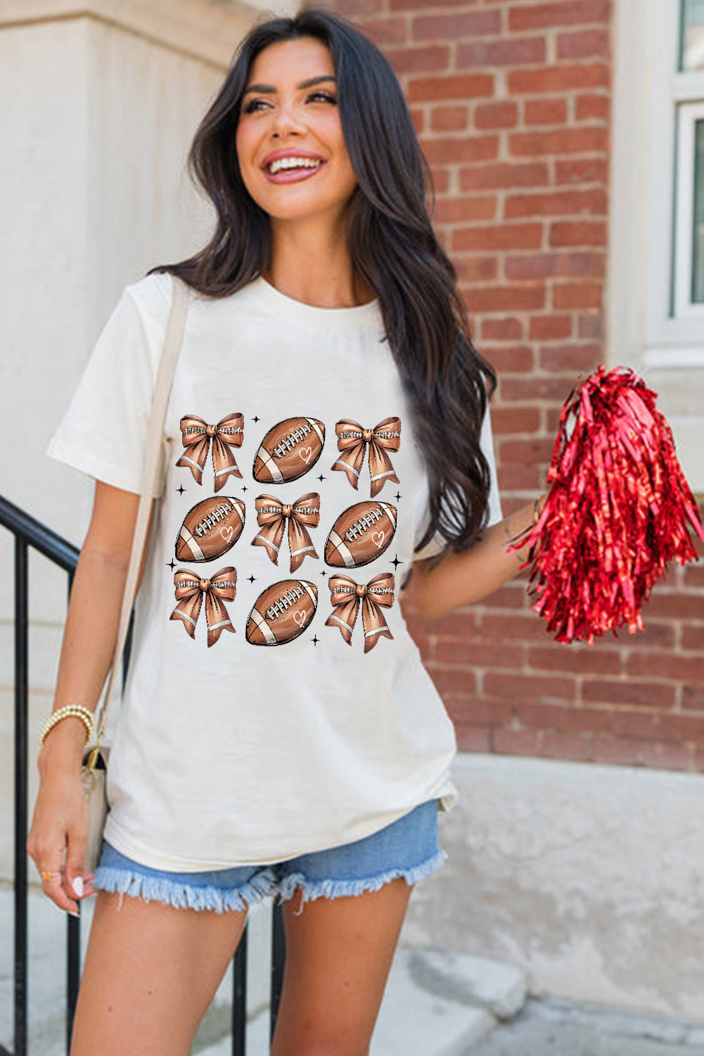 White Football Fashion Bow Print Cotton Blend T Shirt - Image 5