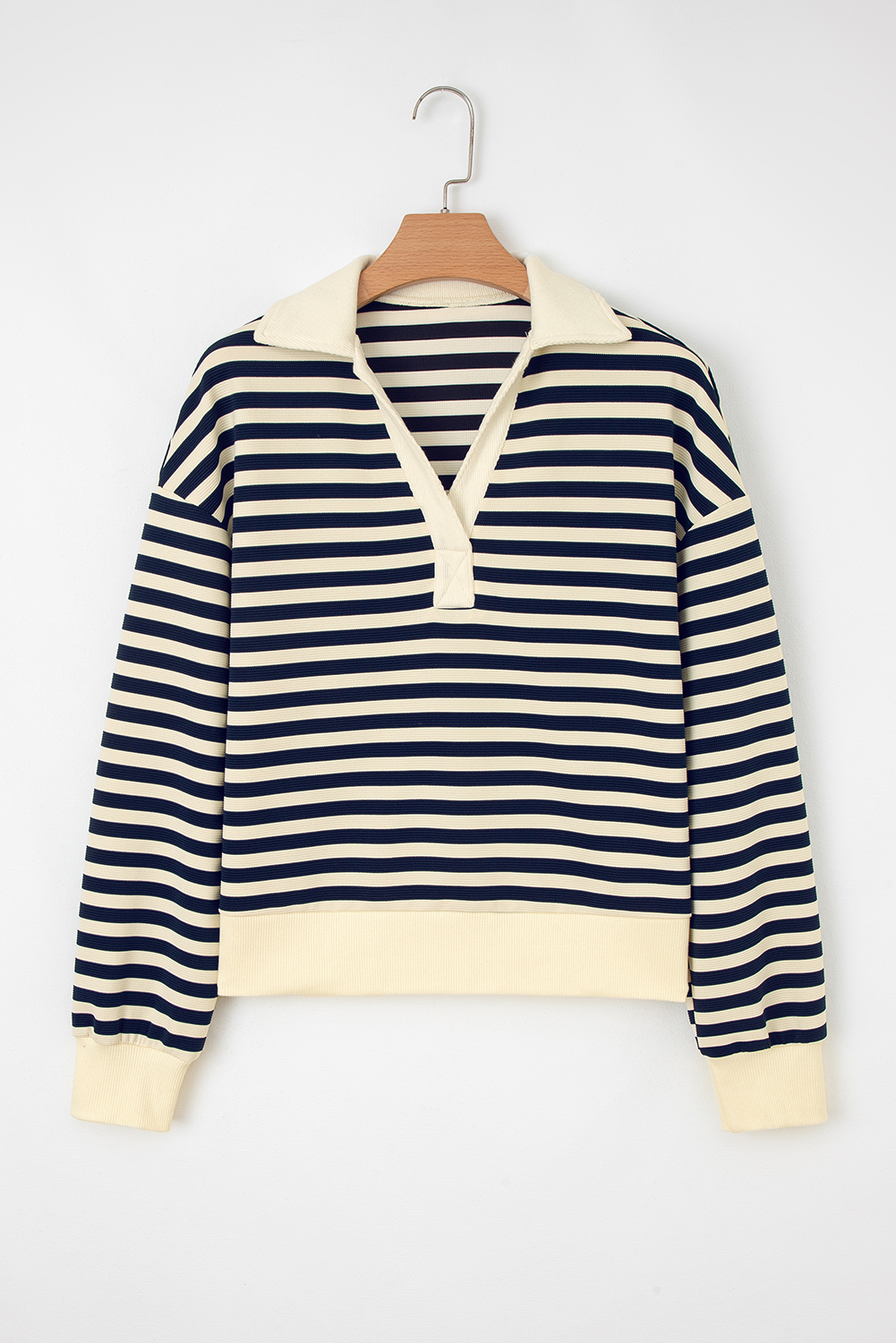 Blue Stripe Collared V Neck Long Sleeve Casual Top - Image 5