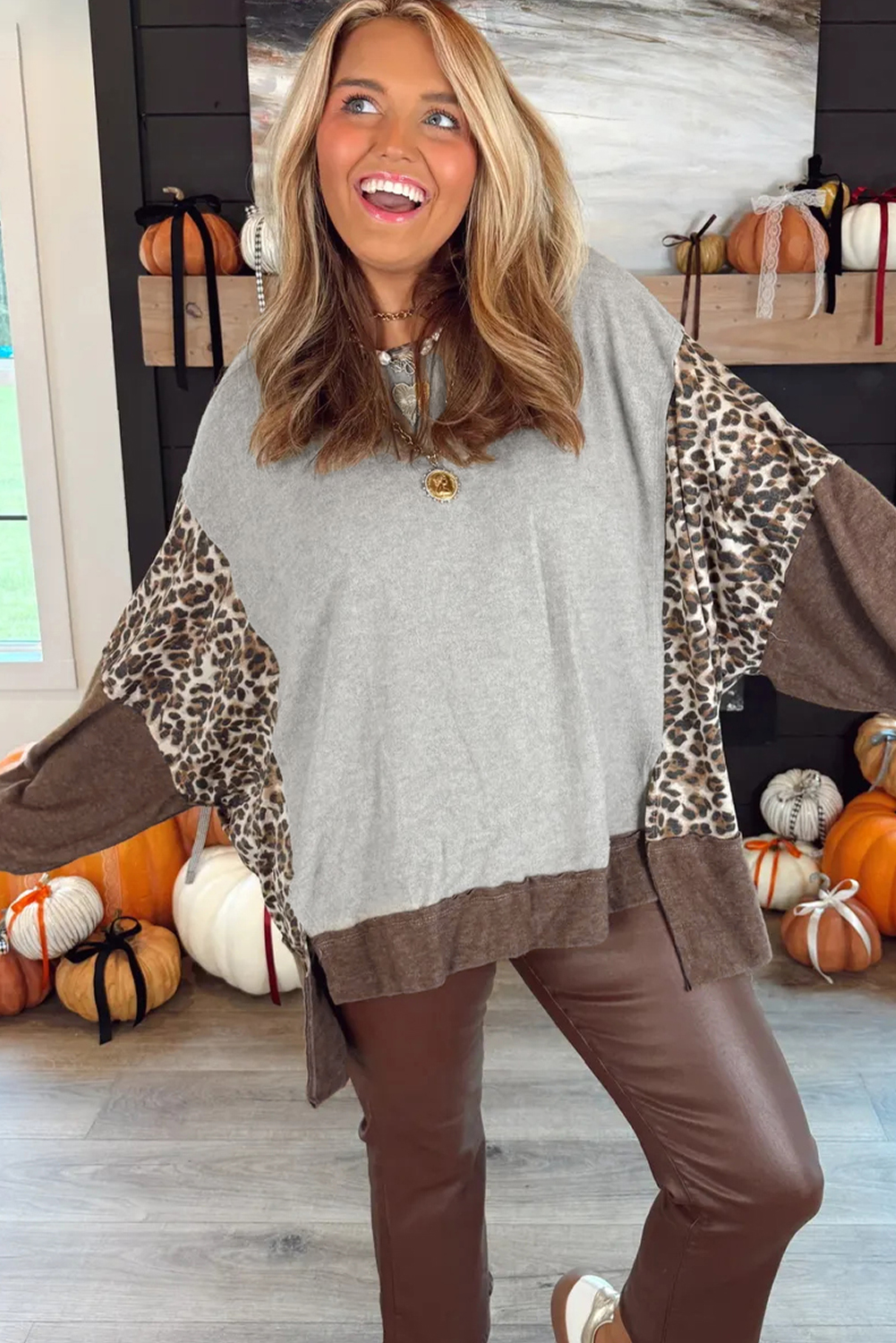 Gray Color Block Leopard Patchwork Dolman Sleeve High Low Baggy Sweatshirt - Image 3