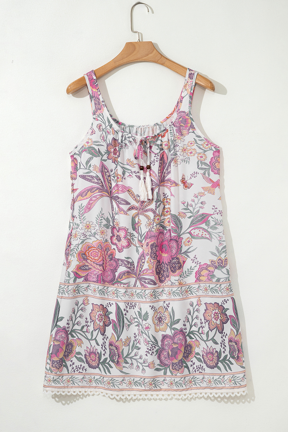 Multicolour Floral Print Fringed Tie U Neck Sleeveless Mini Dress - Image 5