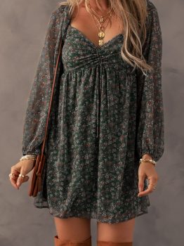 Green Floral Print Sweetheart Neck Shirred Back Mini Dress