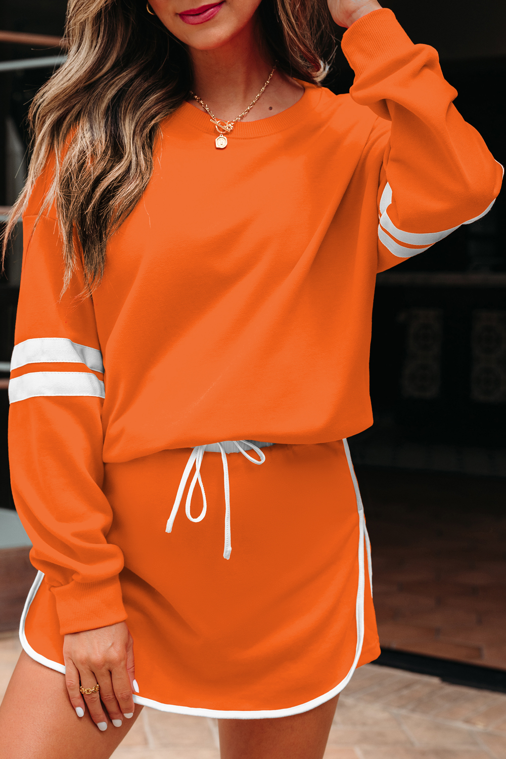 Orange Varsity Stripe Detail Drop Shoulder Pullover Mini Skirt Set - Image 4