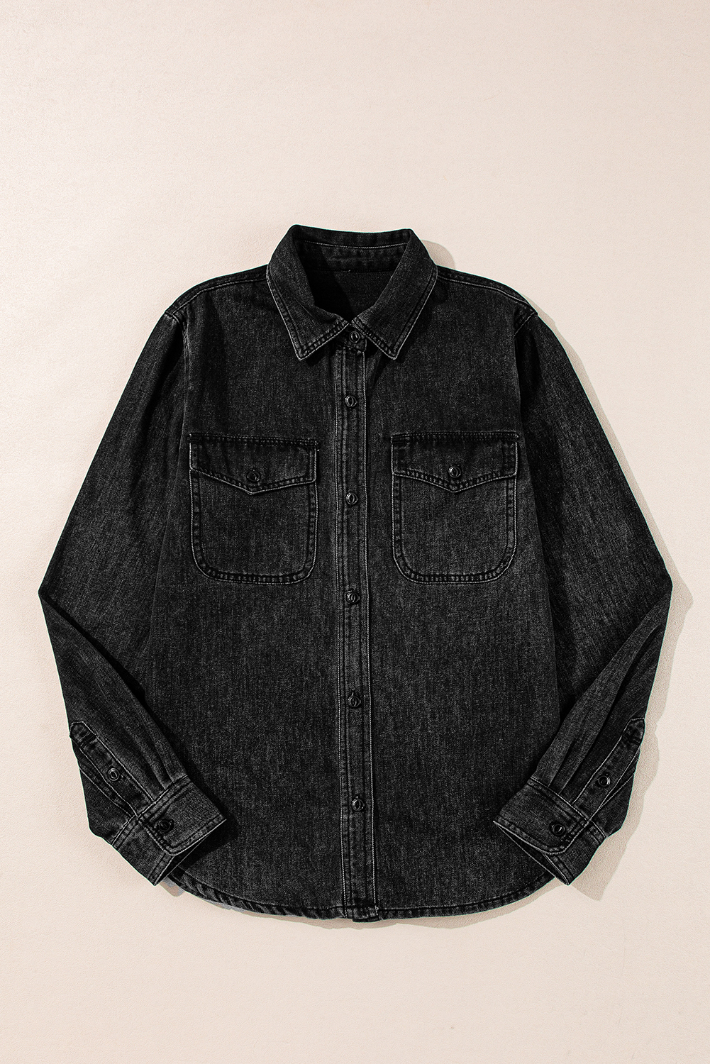 Black Flap Pocket Buttons Collared Jean Jacket - Image 6