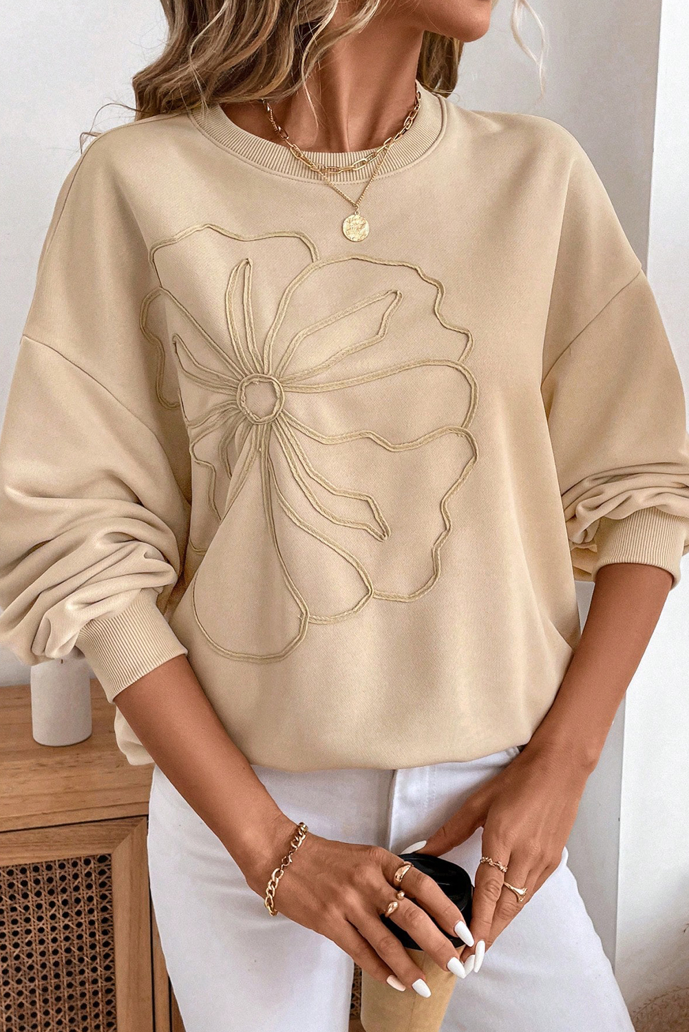 Parchment Embroidered Flower Pattern Drop Shoulder Sweatshirt - Image 5