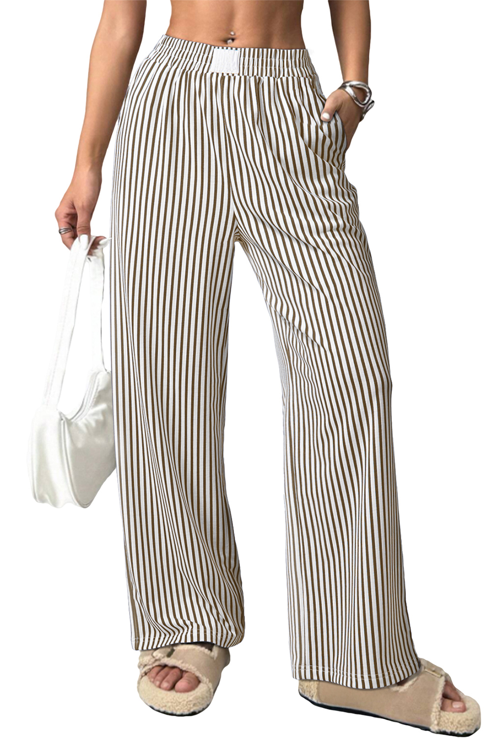 Brown Stripe Elastic High Waist Pocketed Loose Pants - Image 3