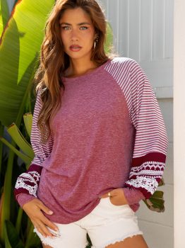 Mineral Red Contrast Print Striped Raglan Long Sleeve Loose Top