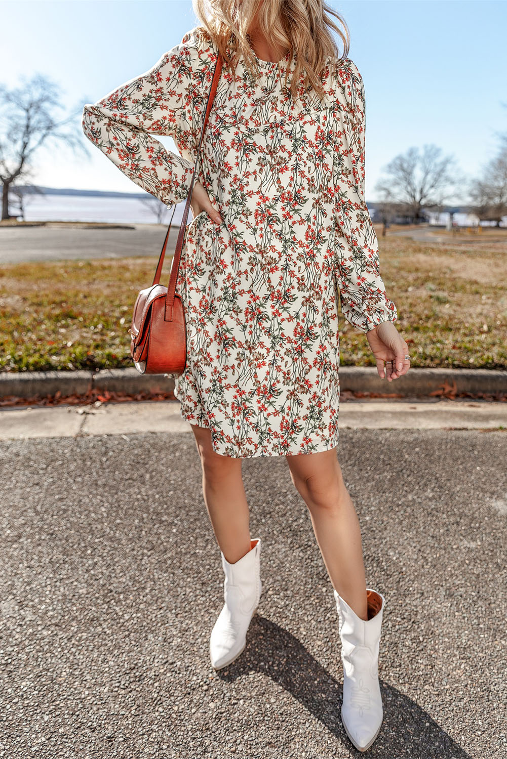 White Floral Printed Long Sleeve Mini Dress - Image 5