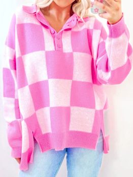 Pink Checkerboard Half Button Collared Drop Shoulder Sweater