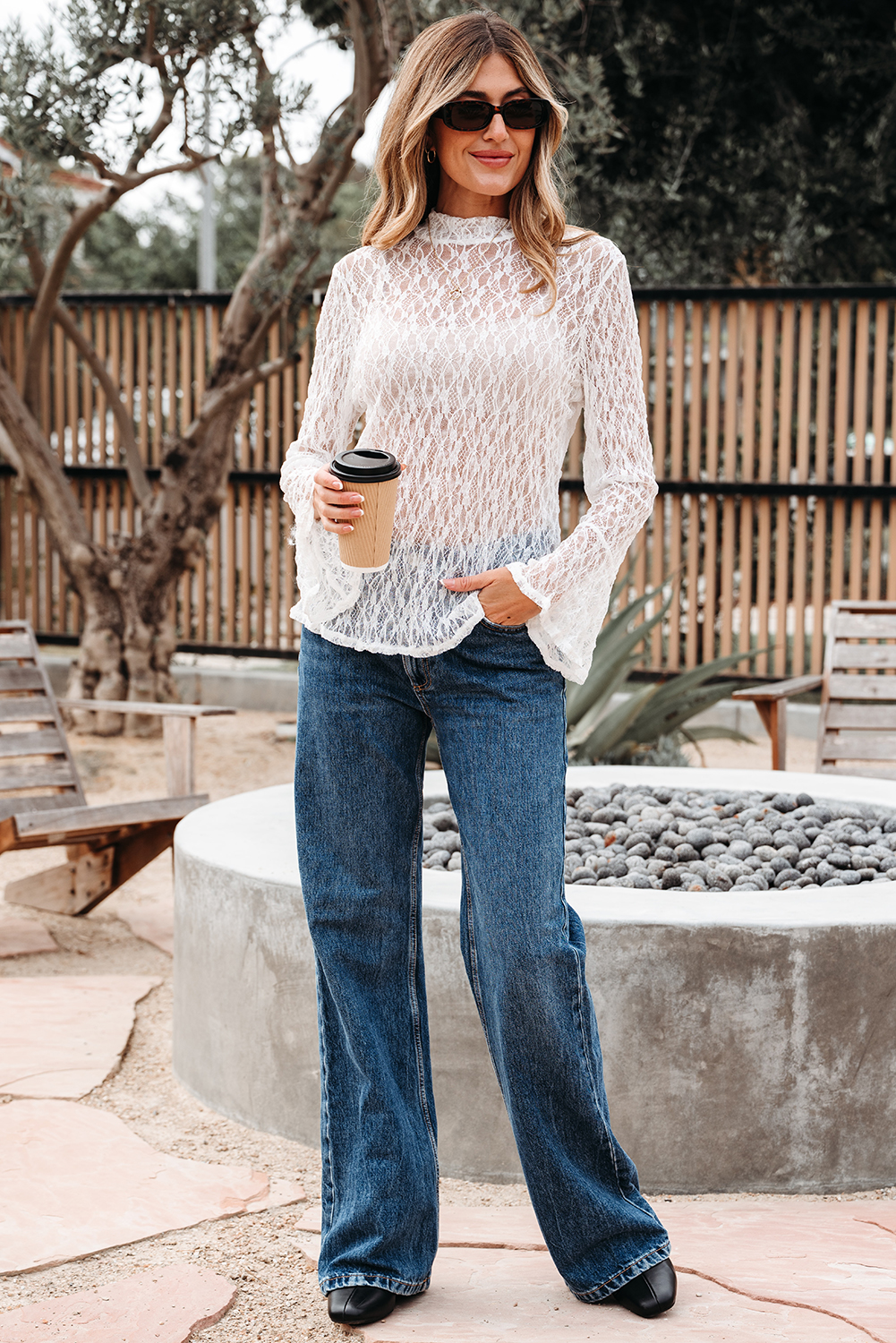 White Sheer Lace Bell Sleeve Mock Neck Blouse - Image 5