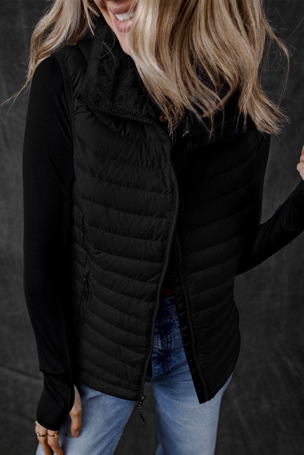 Black Plush Collared Quilted Zipped Puffer Vest - Image 4