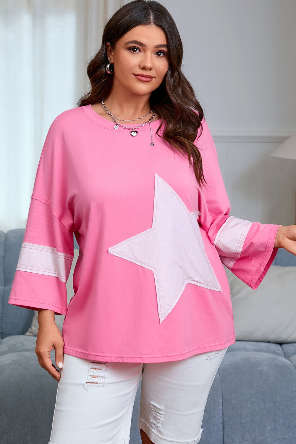 Pink Star Patched Colorblock Raw Edge Bracelet Sleeve Plus Size Loose Tee - Image 3