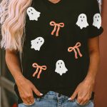 Black Sequin Bow Ghost Patched Halloween Graphic Tee