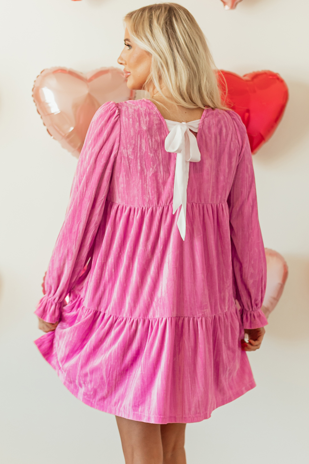 Strawberry Pink Flounce Sleeve Tiered Ruffled Velvet Mini Dress - Image 2
