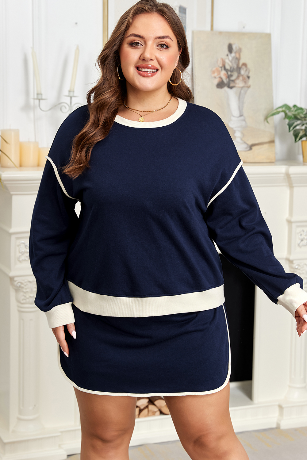 Navy Blue Plus Color Block Drop Shoulder Top and Lace-up Skirt Outfit - Image 5