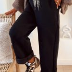 Black Fleece Lined Leopard Drawstring Elastic Waist Solid Pants