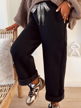 Black Fleece Lined Leopard Drawstring Elastic Waist Solid Pants