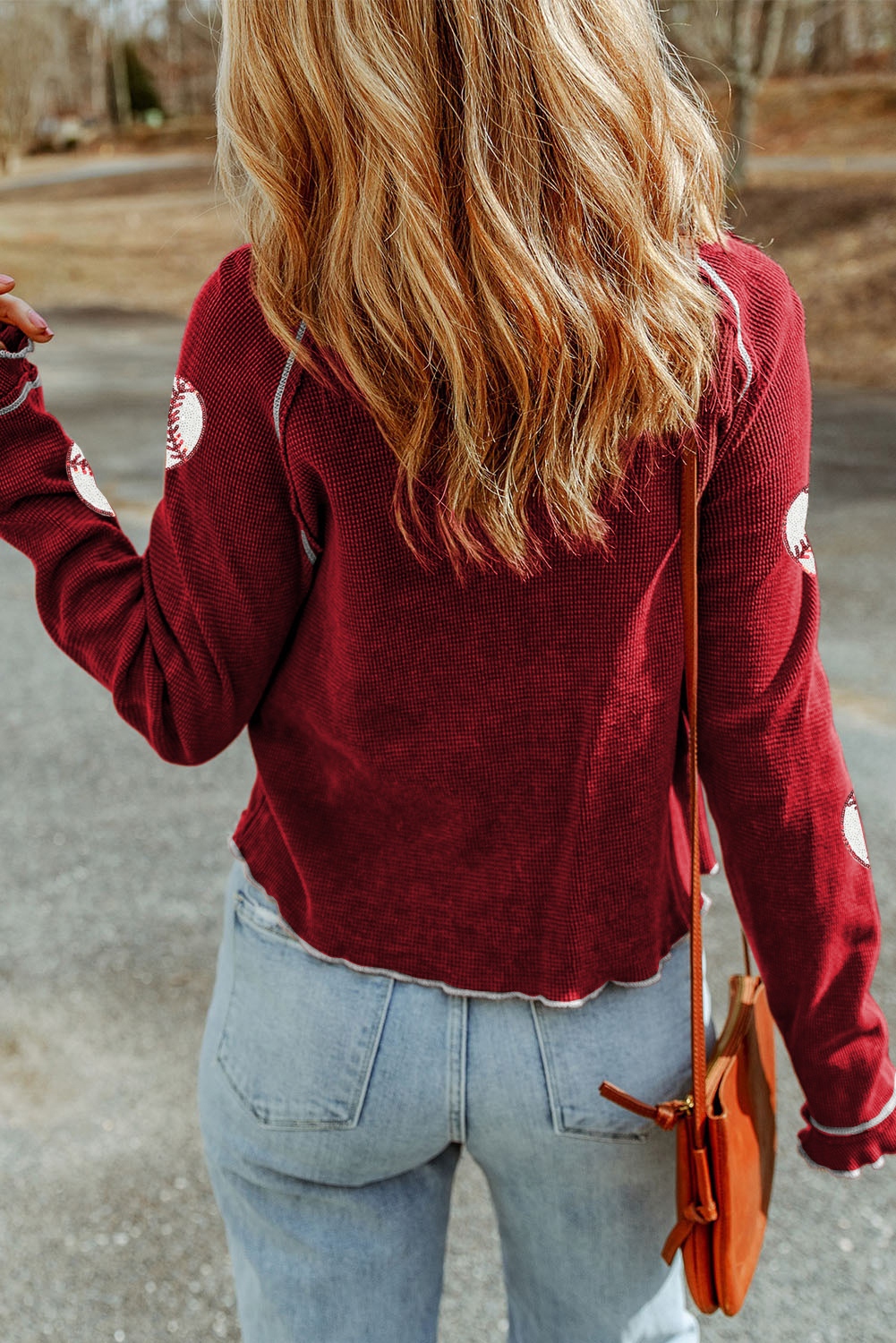 Red Baseball Patched Patterned Game Day Waffle Raglan Top - Image 2
