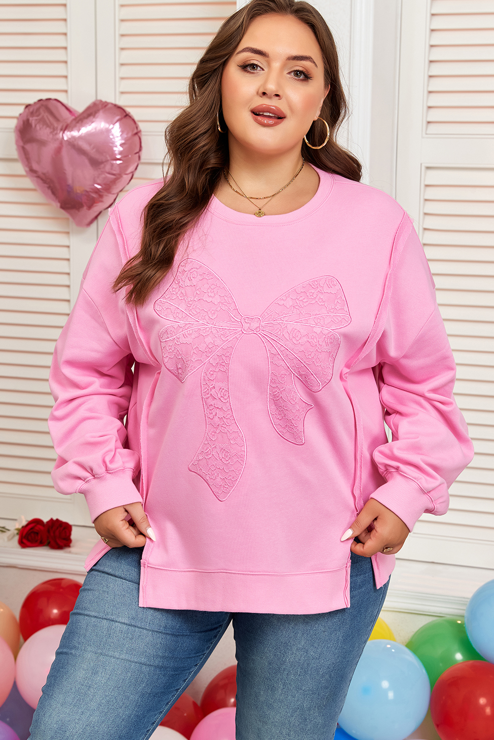 Pink Big Bow Lace Embroidered Dolman Sleeve Slit Plus Size Sweatshirt - Image 6