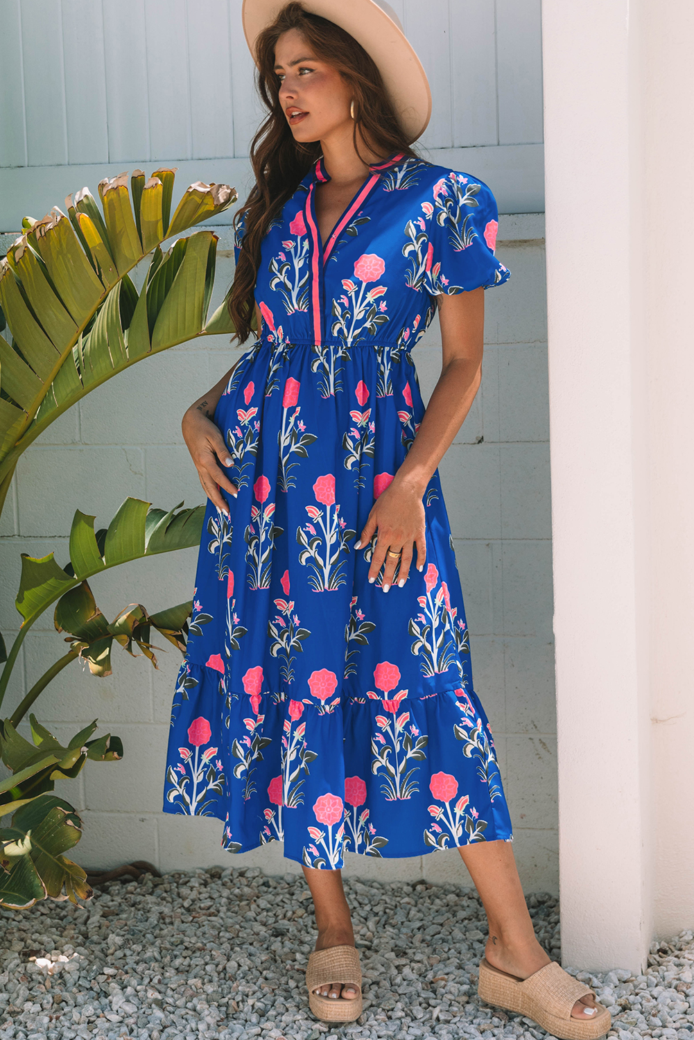 Sky Blue Floral Puff Short Sleeve V Neck High Waist Maxi Dress - Image 4