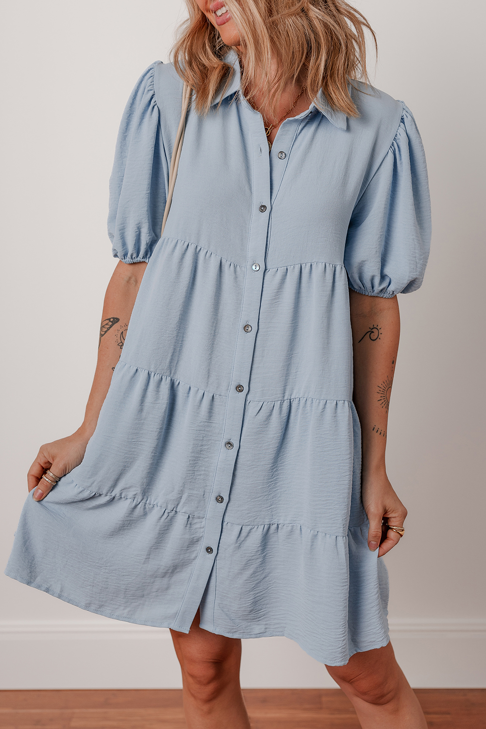 Beau Blue Shirt Collar Button Up Short Puff Sleeve Tiered Shift Dress - Image 4