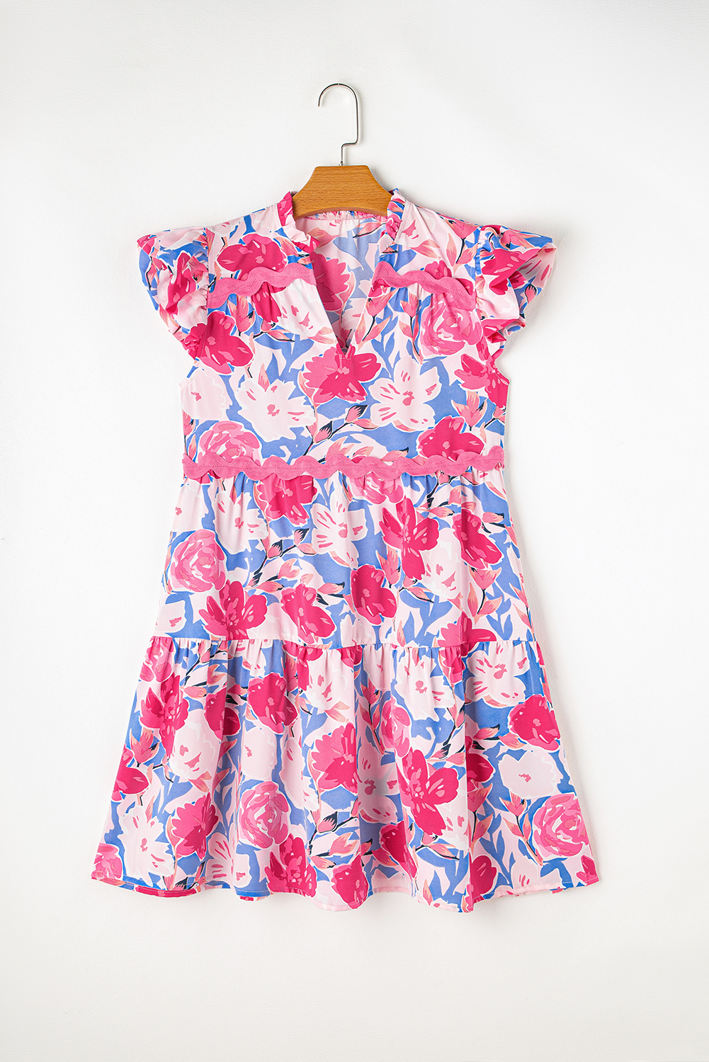 Pink Floral Printed V Notched Ric Rac Flutter Sleeve Dress - Image 7