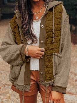 Jungle Green Quilted Textured Patchwork Loose Fit Hooded Jacket