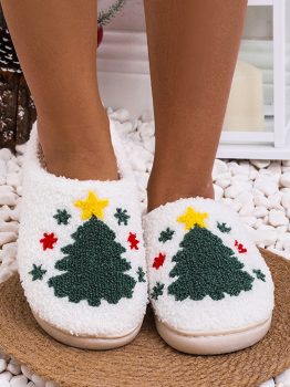 White Fuzzy Christmas Tree Pattern Home Slippers