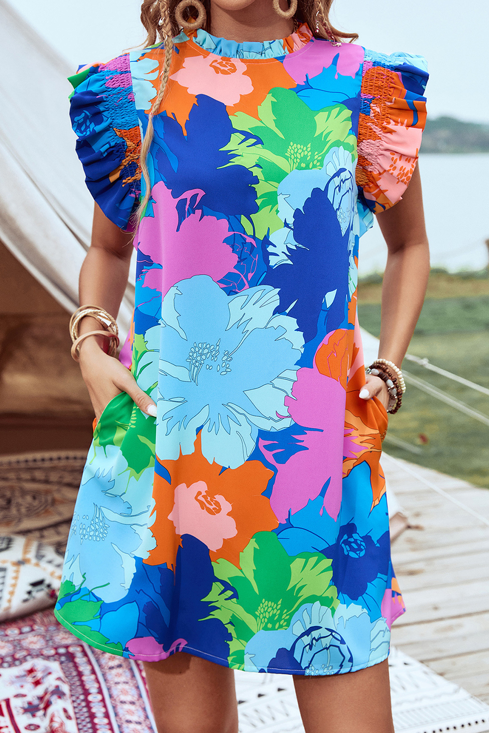 Blue Bold Floral Flutter Sleeve Shift Mini Dress with Pockets - Image 7