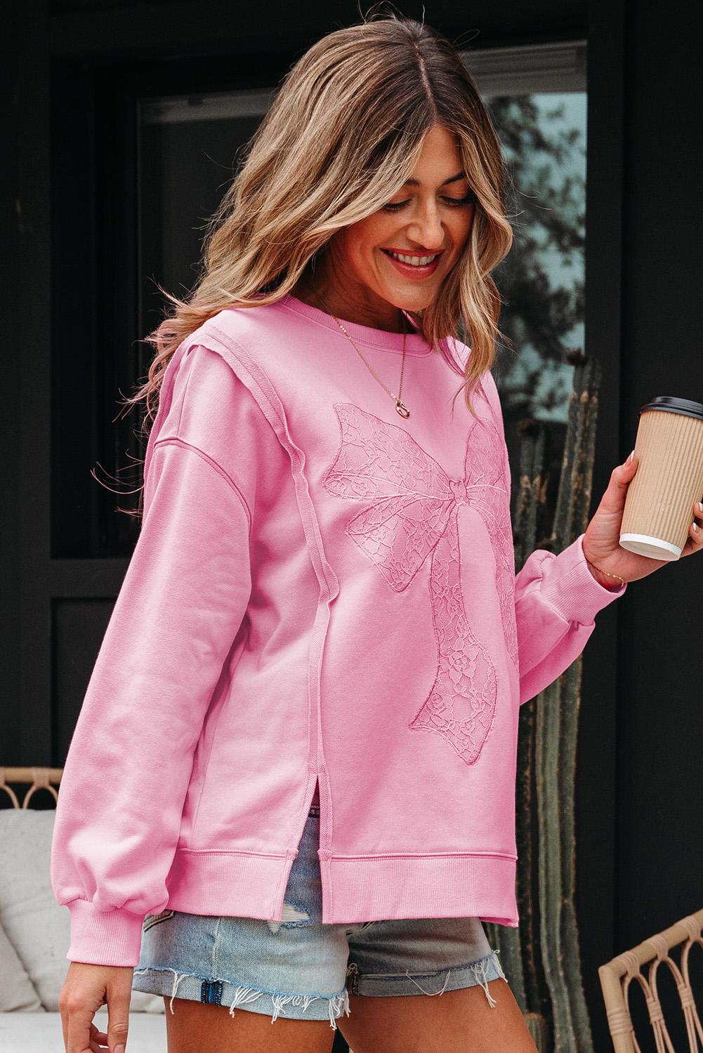 Bonbon Lace Insert Bow Embroidered Exposed Seam Sweatshirt - Image 3