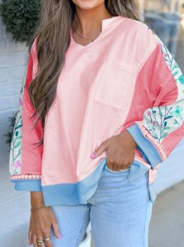 Light Pink Floral Colorblock Patchwork Chest Pocket Notched Neck Long Sleeve Top