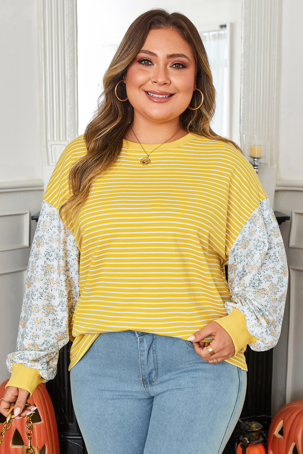 Yellow Stripe Striped Contrast Floral Sleeve Patchwork Plus Size Loose Top - Image 3