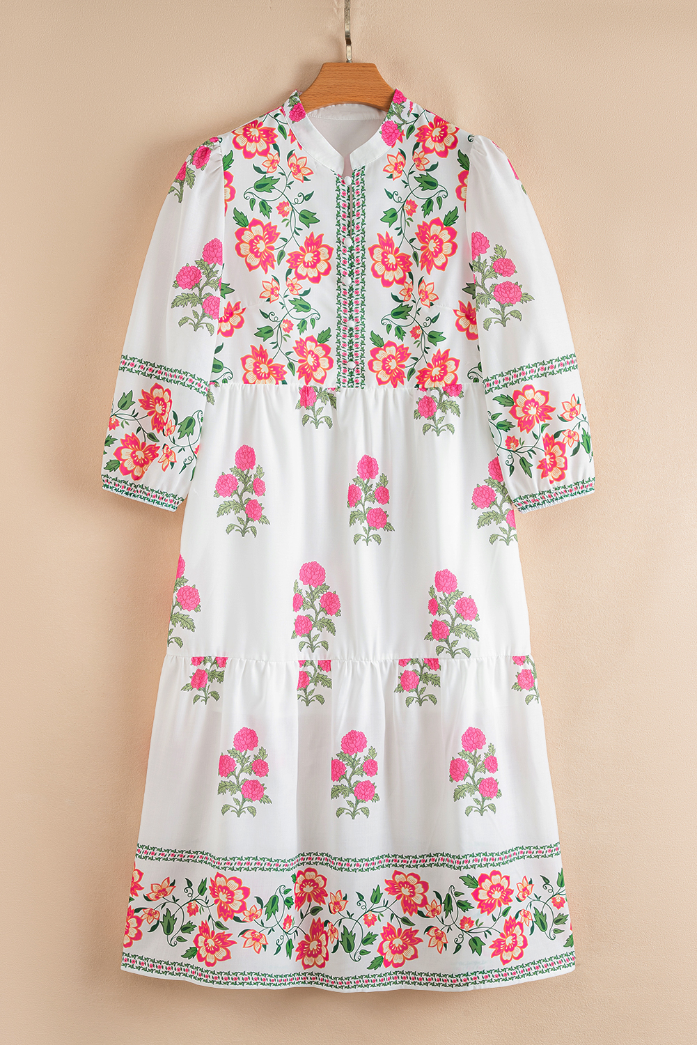 White Floral Print Half Button Mandarin Neck 3/4 Sleeve Maxi Dress - Image 2