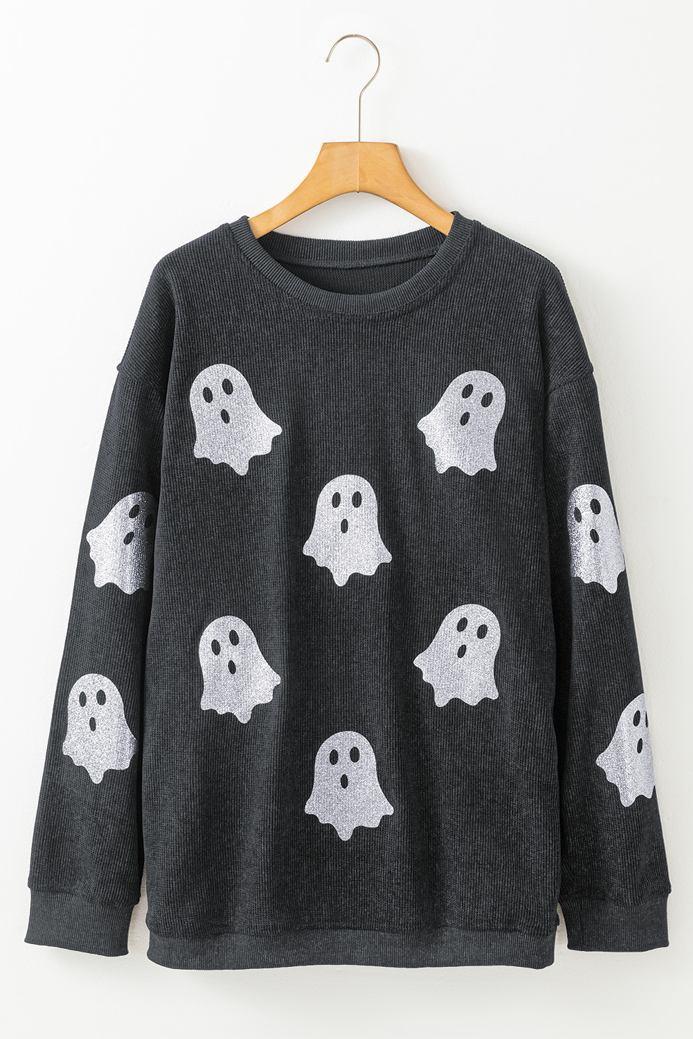 Black Halloween Ghost Corded Crew Neck Loose Sweatshirt - Image 4