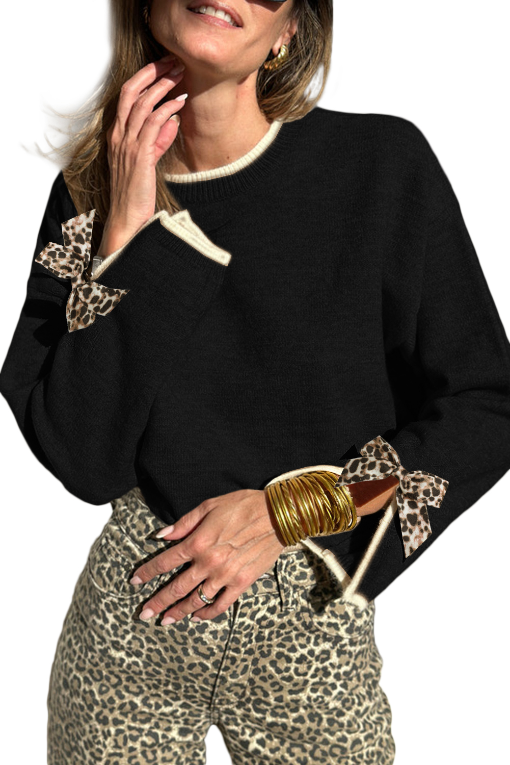 Black Leopard Bow Decor Split Cuff Contrast Trim Sweater - Image 4